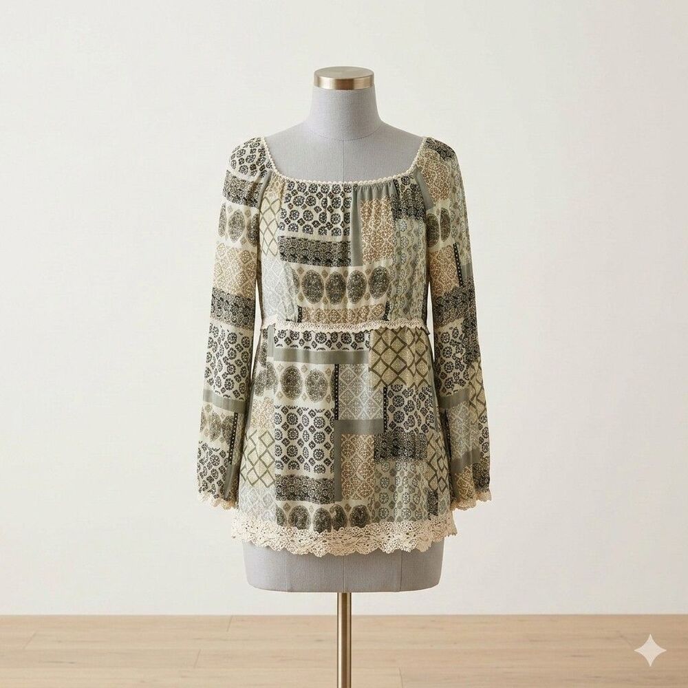 Venezia Tunic Styled Blouse w/Cotton Lace Accent on Hem/Neck/Sleeve/ Waist 2X